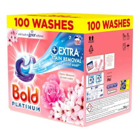 【2026 Sale !!! Over 10000 Sold !!!!】Bold Platinum Pods. Laundry Detergent. Washing Liquid Pods/Capsules. 100 Washes – Cherry Blossom & Rose Water – Extra Stain Removal Even In a Cold Wash
